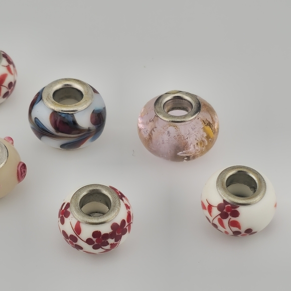 Lot of 6 Lampwork Murano Glass Beads Floral Swirl Pink White Charm Silver Cores - Picture 7 of 8